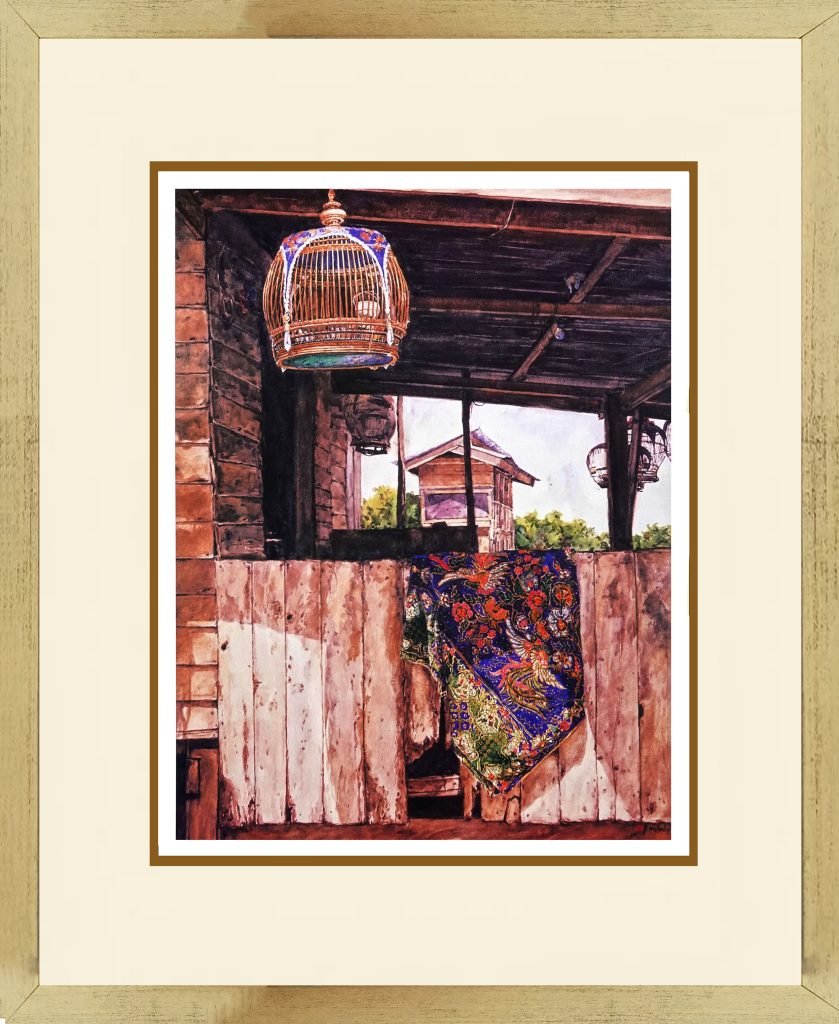 watercolour painting of malay kampong fence, batik fabric and bird cage hanging by chang fee ming